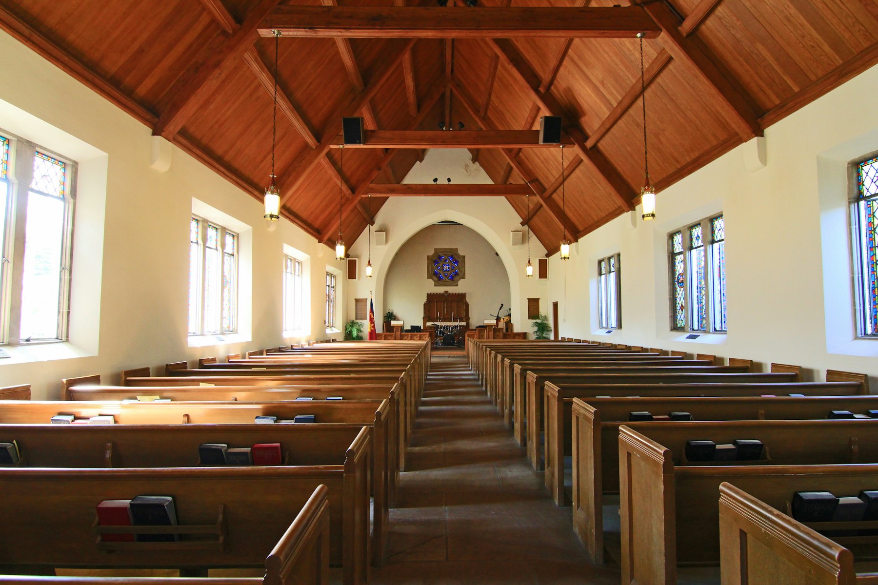 Church sanctuary ready for a live service